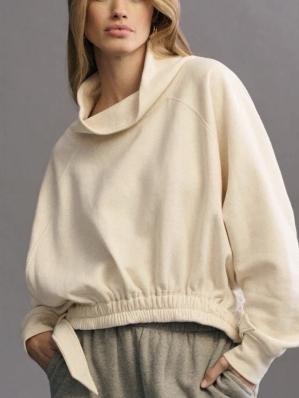 Anthropologie Daily Practice Cream Funnel Neck Sweatshirt Side Ties Size XS